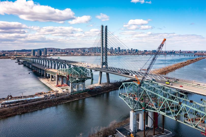 A modern concrete bridge under construction